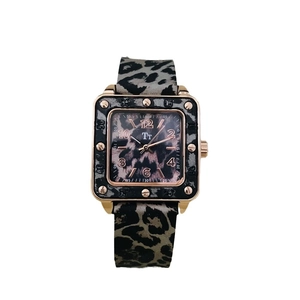 Square leopard print women watch with rose gold case and silicone strap fashion