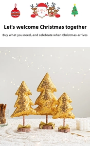 Three-piece gold sequin Christmas tree table decor set with wooden bases and bows