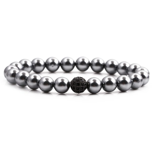 Chic beaded bracelet with gray metallic pearls and a black micro-pave zircon center bead