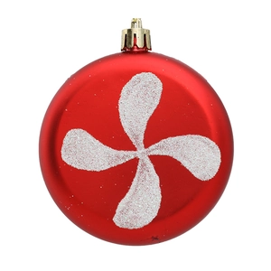Red Christmas ball ornament with white glitter spiral pattern and gold top hook