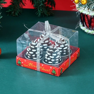 Detail of pinecone-shaped Christmas candles in transparent gift box with silver ribbon