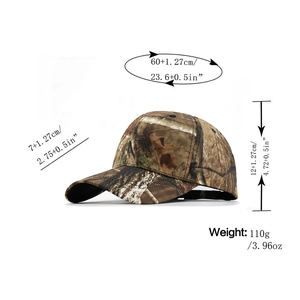 Detail view of camouflage baseball cap specifications with dimensions and fabric texture