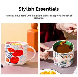 Detail of Nordic ceramic mugs featuring vibrant floral patterns and hand-painted botanical art