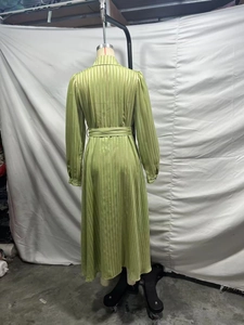 Back view of a green pinstripe long-sleeve dress with matching belt and silk texture