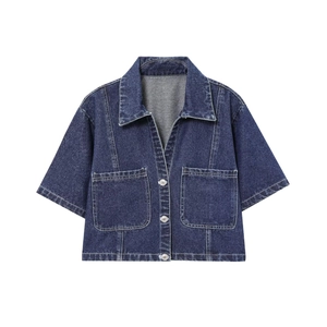 Veste en jean bleu foncé pour femmes à manches courtes avec col rabattu et grandes poches