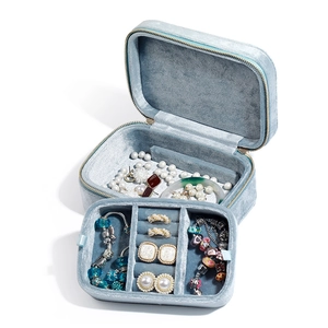 Portable light blue velvet double layer jewelry box organizer with multiple compartments
