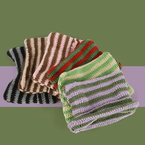 Striped knit cat ear beanies in various colors with thick woven texture for women
