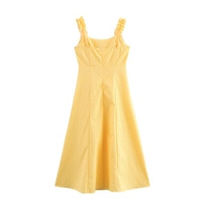 Sweet yellow backless maxi dress with floral texture and ruffled shoulder straps