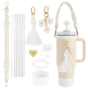 Handmade daisy cotton cord handle with tassel, cloud straw cover and silicone boot set