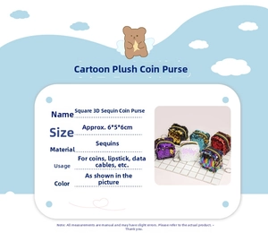 Detail view of 6x5x6cm mini sequin backpack coin purse with product dimensions and specs