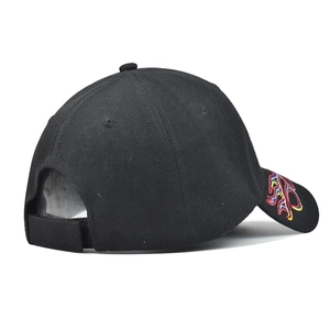 Detail of black baseball cap with color flame embroidery and adjustable velcro strap back