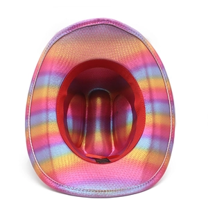Detailed top view of rainbow cowboy hat interior with red sweatband and satin finish