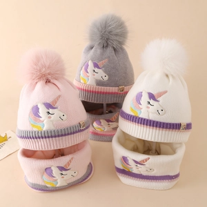 Toddler Kids Girls Winter Warm Knitted Hat And Scarf Acrylic Fleece Lined Cartoon Unicorn Embroidery Faux Fur Pom Pom