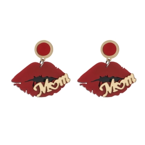Red acrylic lip earrings with gold Mom lettering for Mother's Day gift jewelry