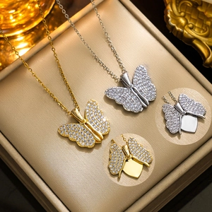Titanium steel butterfly heart locket necklaces with crystals in gold and silver finish