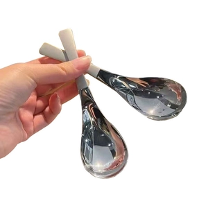 Set of two modern stainless steel spoons with grey matte handles on white background