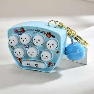 Blue mini electronic hamster whack-a-mole game keychain with 7 buttons and a bell