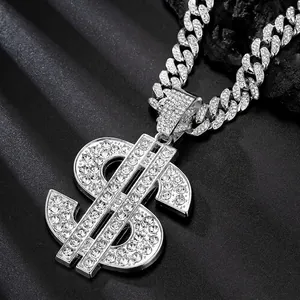 Hip Hop Dollar Sign Pendant Necklace Iced Out Alloy Rhinestone Cuban Link Chain Jewelry For Men Streetwear Style