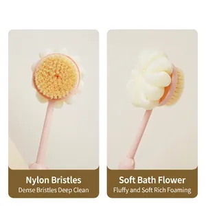 Pink dual-sided bath brush with soft nylon bristles and mesh sponge on a long handle