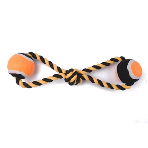 Detail of durable dual-color cotton rope with two tennis balls for dog interactive play