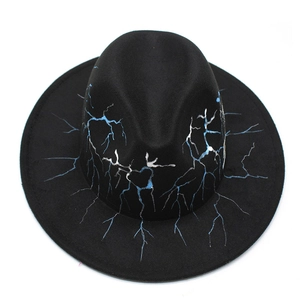 Classic black fedora wool hat with unique hand-painted blue and purple lightning patterns