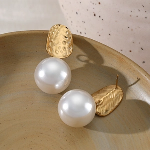 French vintage style stainless steel earrings with gold textured disc and pearl pendant