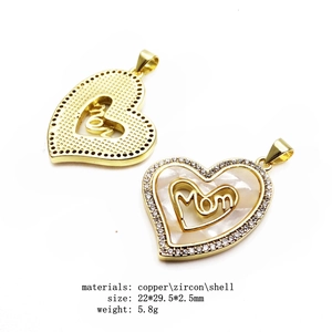 Detail of MOM heart pendant in gold with shell and zircon, front and back views