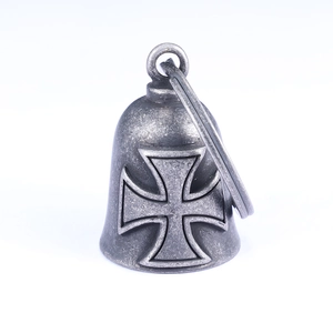 Vintage stainless steel motorcycle biker bell pendant with embossed crusader cross design