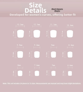 Detailed size chart showing 12 dimensions for short square press-on nails in millimeters