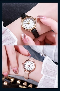 Detail showing the thin leather strap and rose gold round case of Gedi women watch