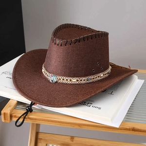 Brown mesh western straw hat with ethnic beaded chain and adjustable drawstring