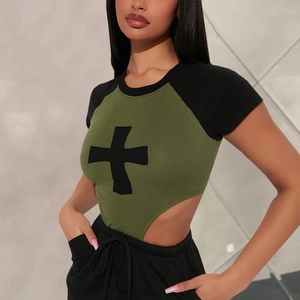 Body Femme Manches Courtes Col Rond Raglan Bloc De Couleur Imprimé Croix Échancré Streetwear Bodycon Haut