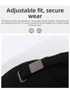 Detail of adjustable metal buckle on winter wool cap showing the secure fit mechanism