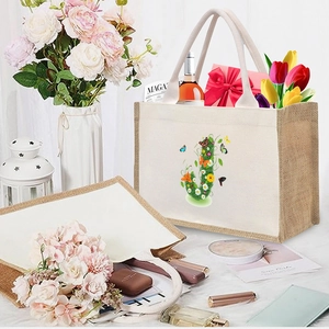 Beige cotton linen canvas tote bag with floral letter J print and jute handles