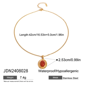Detailed dimensions of gold stainless steel necklace with red agate pendant 7.4g