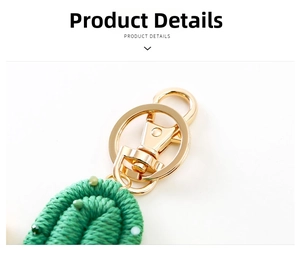 Close-up of handmade green beaded cactus keychain with gold lobster clasp and ring detail