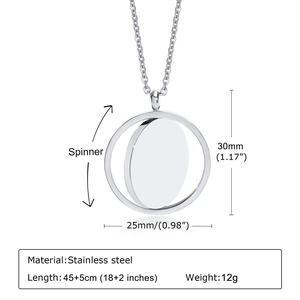 Detailed size specifications of the stainless steel 25mm spinner pendant necklace