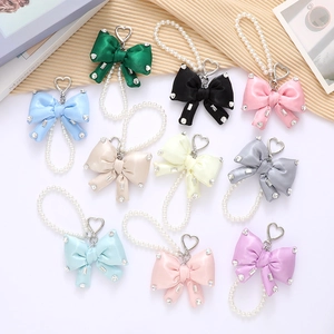 Elegant Satin Bow Keychain With Artificial Pearl Chain And Rhinestones Heart Buckle Bag Charm For Women Sweet Style