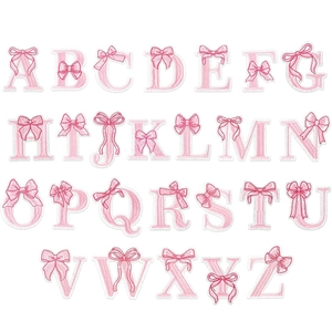 Macro shot of 26 pink bow-knot embroidered letters A-Z for garment and bag decoration