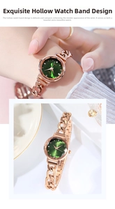 Dettaglio orologio a bracciale oro rosa con quadrante verde a raggiera e vetro diamantato