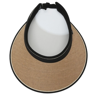 Women's foldable straw sun visor with wide brim and adjustable black strap for sun protection