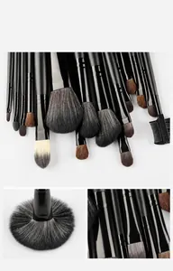 Detail of 24pcs makeup brush set with fine fiber bristles and thick aluminum ferrules