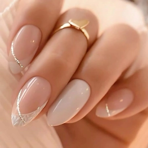 Press On Nails Almond Shape Nude Pink With White Leaves And Silver Glitter Lines Artificial Fake Nails For Women
