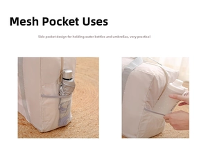 Detail view of the breathable mesh side pocket on the beige travel bag holding an umbrella