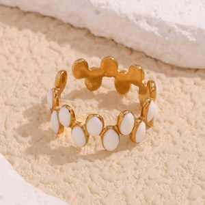18K gold plated stainless steel open ring with white enamel oval pattern accents