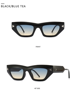 Detailed front and side views of black cat-eye sunglasses with blue-tea gradient lenses