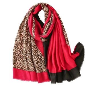 Fashion leopard print scarf with red and black patchwork design and soft fringe edges