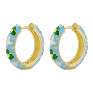 Golden C-shaped hoop earrings featuring sky blue enamel and floral camellia patterns