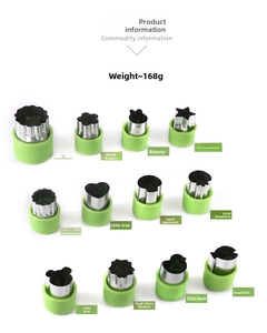 Detailed set of 12 stainless steel cookie cutters with green handles in various shapes