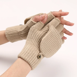 Detail of oatmeal knitted convertible gloves showing the flip top lid and wood button